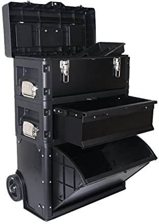 HJXX Caisse a Outil Grande boîte à Outils de Rangement Domestique Boîte à Outils roulante Verticale empilable en Acier et en Plastique avec tiroirs et Plateau Amovible Boite a Outils (Color : Black)