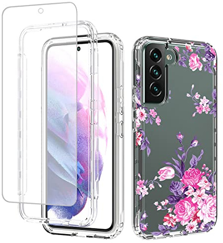 Yerebel Case for Galaxy S22 Case, Samsung S22 5G SM-S901U with Tempered Glass Screen Protector, Floral Design Shockproof Bumper Full Body Protective Cell Phone Cover for Samsung Galaxy S22 5G (Rose)