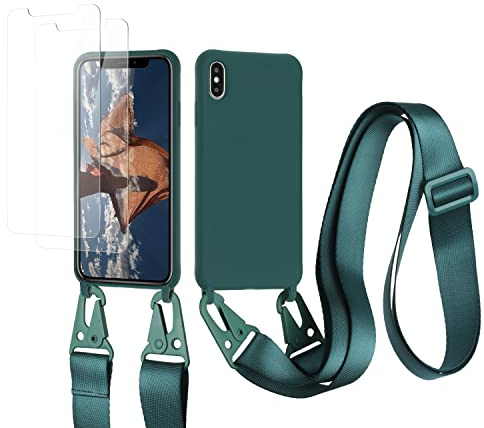 vrupin kompatibel mit iPhone X/XS Handykette Hülle,[2 Stück Schutzfolie 9H Härte Gehärtete Folie].Necklace Hülle Nylon Schultergurt Weich Flüssiges Silikon-Dunkelgrün