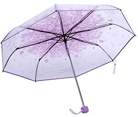 Ejoyous fickparaply transparent paraply med blommor, fickparaply prinsessparaply mönster blommor lätt transparent vindtät reseparaply diameter 93 cm, Ljuslila,