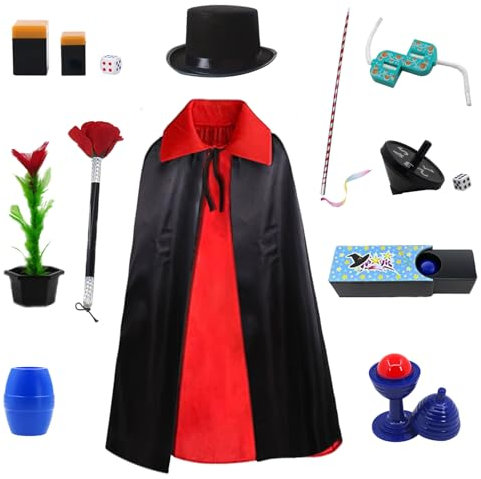 skyllc Kinder Zauberkasten,Zauberkostüm mit Zauberhut,Zauberstab und Weiterem Zubehör,Anfänger Kinder Zaubertricks Set Junge Mädchen Geburtstag Fasching Karneval Halloween