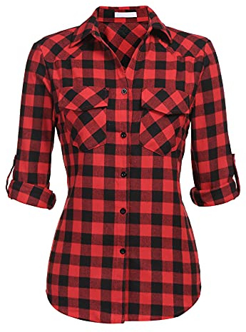 Zeagoo Mujer Camisa Mujer Cuadros Manga Larga Blusa Trabajo Camisetas con Cuello Botones Verano Casual Tops Shirt Básico para Primavera Otoño Invierno S-3XL