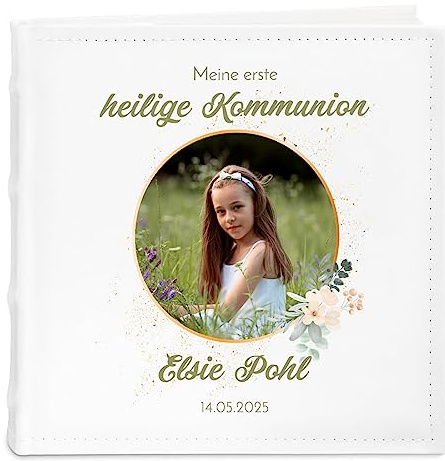Maverton Einsteckalbum mit Aufdruck - Fotoalbum für 200 Fotos 10x15-50 Seiten - Größe: 21x22cm - Weiß - personalisierte Geschenke für Kind zur Erstkommunion