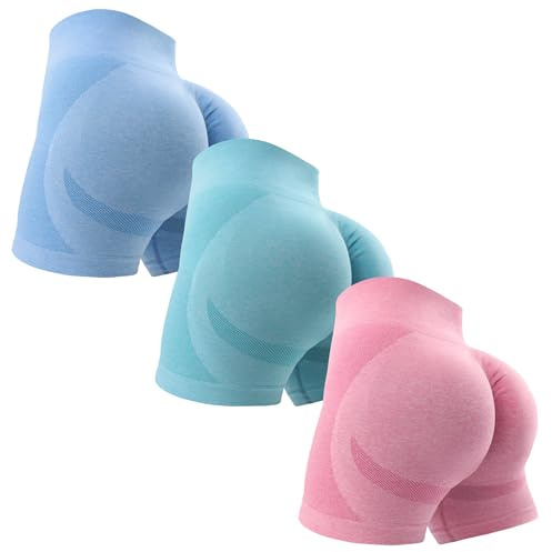 OVESPORT Träningsshorts dam, 3-pack, sömlös scrunch butt, rumplyft, hög midja, yoga, gym, löpning, kortbyxor, S