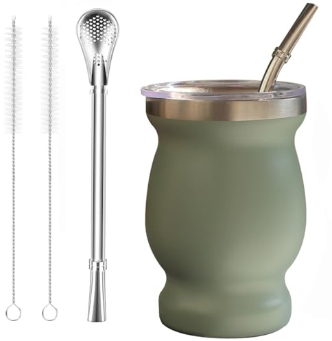 Beruth Yerba Mate Tee Set (Mate Becher), Edelstahl-Teetassen-Set mit einem multifunktionalen Deckel, zwei Trinkhalmen und Reinigungsbürsten, Wärmeisolierung, Verbrühungsschutz (Grün)