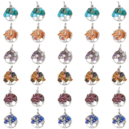 HOBBIESAY 60 ciondoli a forma di albero della vita, 6 stili, piatti, rotondi, in argento antico, con design con passanti, per decorazioni di gioielli e artigianato, Pietra mista
