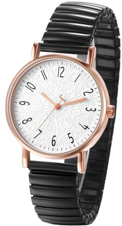 JewelryWe Damenuhr Elastische Uhr Damen Klassische Einfache Analog Quarz Armbanduhr Frauen Edelstahl Stretch-Armband Dünne Uhr mit Zugarmband & großem runden Zifferblatt