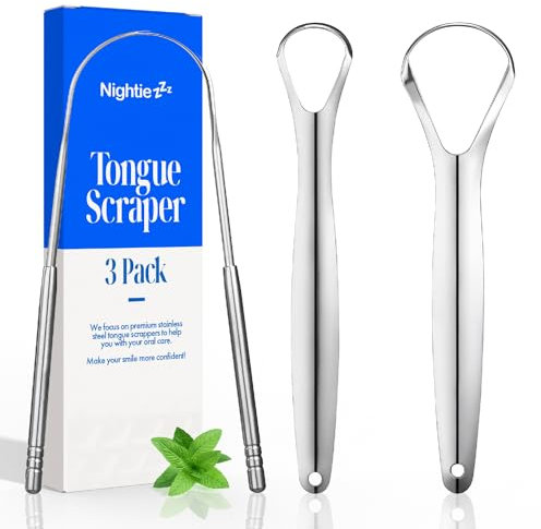NightieZzz Raspador de lengua de metal, paquete de 3, rascador de lengua de acero inoxidable resistente para adultos, perfecto para mal aliento, higiene bucal y limpieza bucal