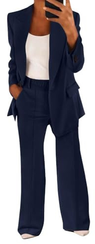shownicer Tailleur Donna Eleganti Pantaloni e Giacca da Cerimonia Completo Blazer a Maniche Lunghe Tuta Elastici in Vita Set di Abiti in Tinta Unita Due Pezzi Elegante Suit A Blu Navy L