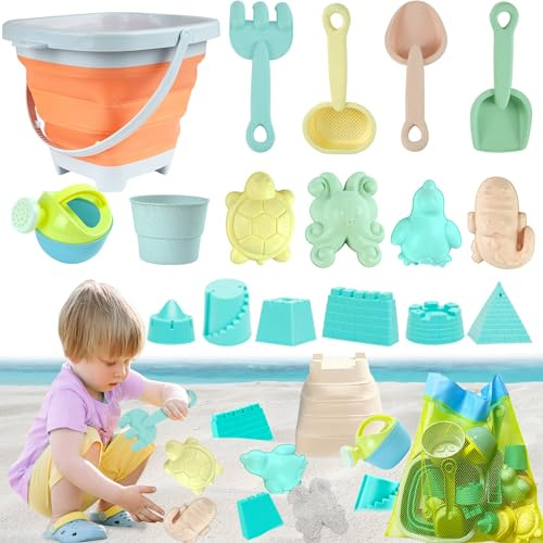 VEEKAY Giochi Spiaggia Bambini,18 Pezzi Set Giocattoli Spiaggia Set con Secchiello Pieghevole Bambini,Borsa Rete,Pala, Rastrello Per Sabbia,Giocattoli da Spiaggia Estivi per Ragazzi e Ragazze
