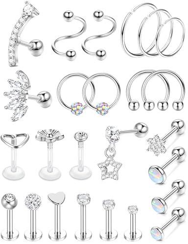 Chriscoco 25Pcs 16G Helix Piercings Chirurgenstahl Tragus Piercing Silber Piercing Ohr Labret Piercing Knorpel Cartilage Piercing Conch Piercing Medusa Piercing Lippenpiercing Septum Piercing Set