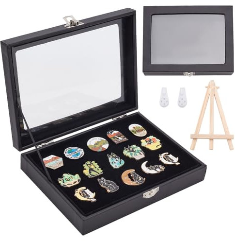 INFUNLY Kleine Anstecknadelvitrine, 8x6 Anstecknadelsammlung, Schattenbox, Broschen-Anstecknadel-Organizer, Tragbarer Emaille-Anstecknadelhalter Mit Transparenter Abdeckung, Haken, Holzrahmen Für Med