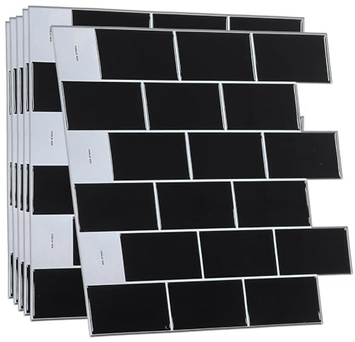 WALPLUS 6 Stück 3D Küchenrückwand Folie Selbstklebende Fliesen Küche Hitzebeständig Leicht zu Installieren 30.5x30.5 cm Fliesensticker für alte 3D Fliesen Upgrade Schwarz Dekor