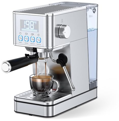 LERTIN Espresso Machine, 20Bar Compact Stainless Espresso Maker, With Milk Frother Steam Wand, 57.5OZ Removable Water Tank, Displays Making Time & Water Temperature, Cold Brew & Cappuccino, Silver