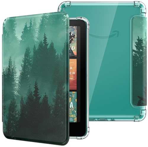 Moko Hülle für 7 Kindle Paperwhite 12.Generation & Colorsoft, Grüner Wald | Ultraklar Weich Transparent Rückseite Leicht Schutzhülle mit Auto Schlaf/Aufwach