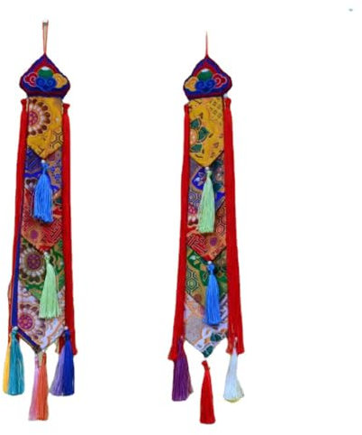 DUBTEDHOU Banderas Templo Budista Suministros, 1 par de pancartas de Tambor de Mano de Estilo Tibetano, decoración de salón de Buda de Cinco Colores, Colgante de Pancarta de Buda
