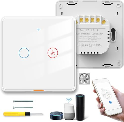Acmerota WiFi Smart Light Switch, Bathroom Extractor Fan Swich Smart Light Switches 1 Gang 1 Way WiFi Touch Switch Wireless Switch (No Netural Require) Compatible with Echo & Google Home