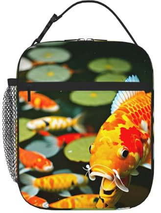 YaWea Lonchera japonesa con estampado de peces koi, grande, para mujeres, hombres y adultos, con bolsillos laterales para el trabajo y la oficina