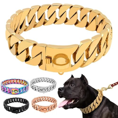 Goldfarbenes Hundehalsband, 32mm, Kubanisches Gliederhalsband mit Sicherer Schnappschnalle, 18 Karat Edelstahl, Für Alle Rassen, Mittelgroße Und Große Hunde(Gold,55cm)