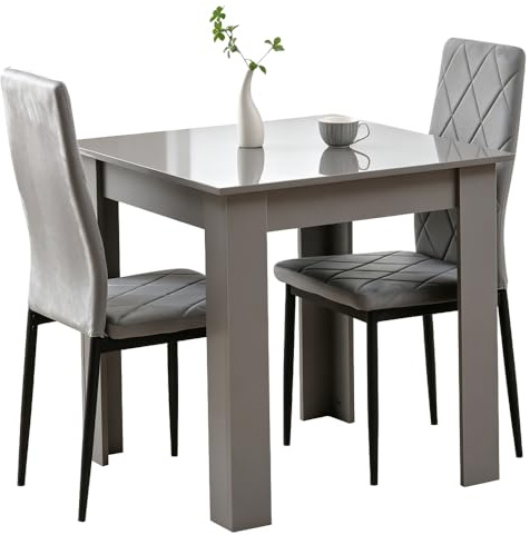 Rainbow Tree Modern 3 Piece Dining Room Table and Chairs Set, Wooden Square Table with 2 Chairs for Small Space Apartment Space Saving (Grey Table+2 Grey Argyle Velvet Chair)