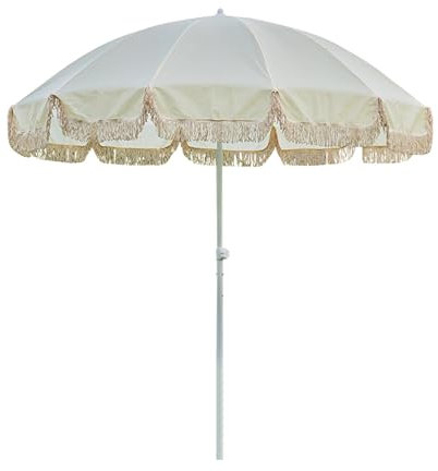 240cm Weißer Boho-Strandschirm mit 12 Stabilen Rippen, Fransen-Gartenschirm, 2-Fach Höhenverstellbar, Sonnenschirm für Terrasse, Deck, Outdoor