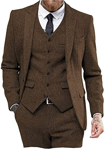 Mens Tweed Herringbone Wedding Suit Prom Tuxedos 3 Piece Peak Lapel Dress(Brown,L)