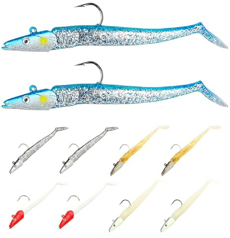 10PCS T-Tail Soft Fishing Lures with Jig Heads,11cm Realistic Fishing Lure with 3D Eyes Paddle Tail Soft Fish Baits Saltwater Cod Sand Eel Bass Lures for Sea Bass Pike Trout Uk Sea