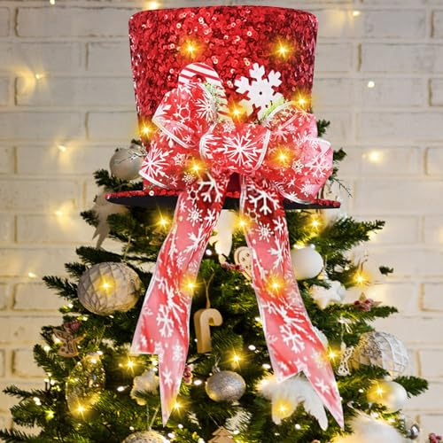 Yallmie Christmas Tree Topper Hat, Candy Cane Tree Topper Warm Lights Red Glitter Tree Top Hat with Bow, Christmas Tree Decoration Top Hat for Holiday Home Ornaments Decor (Red)