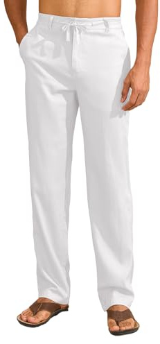 Uusollecy Pantalon Long en Lin Léger pour Homme - Pantalon d'Été Décontracté avec Taille à Cordon, Poches, Blanc 30L*36W