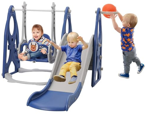 Rutsche Indoor ab 1 2 3 4 5 Jahr, 4-in-1-Kleinkindspielplatz mit Schaukel, Baby Rutsche Kinderzimmer, Gartenrutsche für Kleinkin für drinnen und draußen, Jungen und Mädchen (Rakete+Blau)