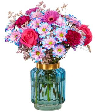 Blumenstrauß Mermaid Glow in RotRosaBlau, mit Limonium, Nelken, Rosen, Chrysanthemen