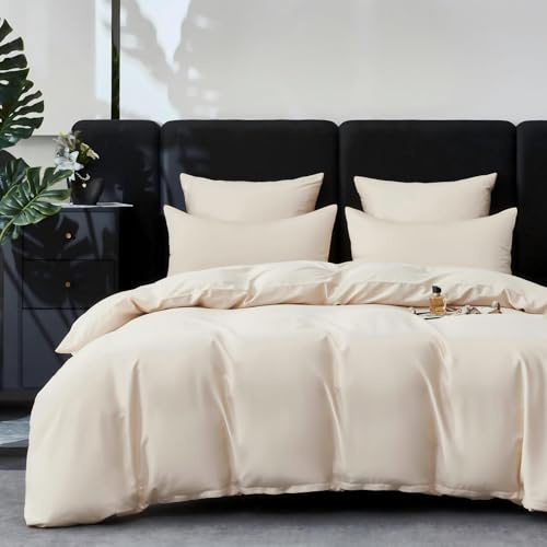 YASMENG Set biancheria da letto in raso 200x220 Beige chiaro 100% cotone a fibra lunga, fresco, in Mako satinato, morbido, setoso, traspirante, effetto seta, con chiusura lampo, completo di 2 federe