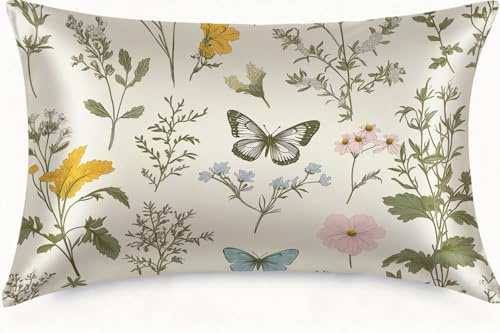 1 Pack Satin Pillowcase for Hair and Skin Vintage Wildflowers and Herbs Imitation Silk Pillowcase with Hidden Zipper Soft Breathable Pillow Cover Standard Size for Bedroom Sofa 20”x26”
