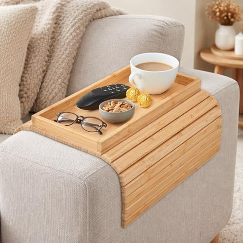 Sythrix Bamboo Sofa Arm Tray, Foldable Couch Armchair Tray, Sofa Arm Table, Sofa Armrest Tray, Armrest Tray Sofa Cup Holder for Remotes Snacks Drink Magazine