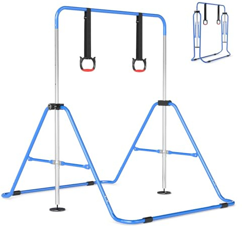 GYMAX Barra de Gimnasia para Niños, Barra Entrenamiento con Anillos, Altura Ajustable, Estructura de Metal, Almohadillas Antideslizantes, Equipo Plegable para Casa ara Niños de 3-12 Años (Azul)