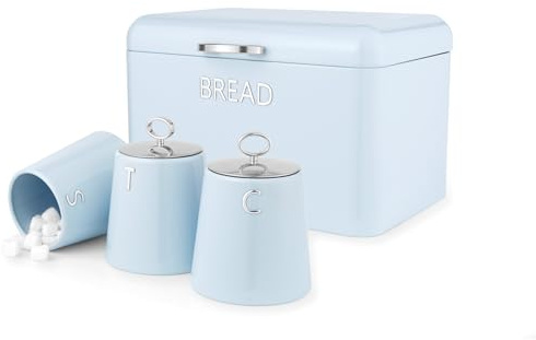 Salter Retro Blue 4-Piece Countertop Set – Includes Bread Bin, Tea, Coffee & Sugar Canister, Dry Food Storage Containers, Durable Steel, Stylish Embossed Lettering, Kitchen Organisation, Breakfast | Steel Construction, Embossed Tea Coffee Sugar Labels, Dry Goods Storage, Coordinated 4 Container Set, Countertop Organisation