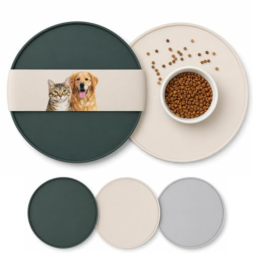 2er Napfunterlage Hund & Katze rund 25x25cm, Silikon Futtermatte Beige-Grün