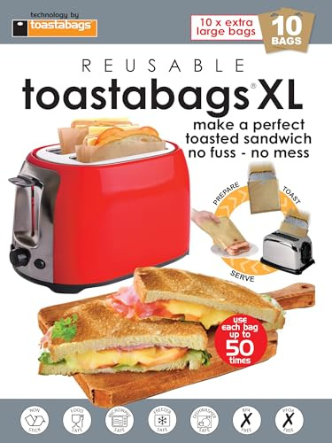 Toastabags XL Reusable Toaster Bags, 10 Pack – Extra Large Non-Stick Toasting Bags for Sandwiches, Paninis & Snacks – Easy Clean, Mess-Free Toaster Liners
