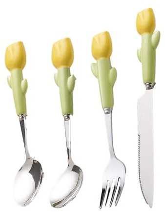 Set di Posate in Ceramica Semplice, Acciaio Inossidabile, Coltello, forchetta, Cucchiaio, Coltello da Bistecca, Posate da Cucina, cucchiaino (Giallo, 4 Pezzi)