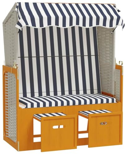 Tmriohed Strandkorb mit Sonnendach aus Poly-Rattan und Massivholz, Gartenliege mit 3-Fach Verstellbarer Rückenlehne und ausziehbaren Fußhockern, Weiß und Blau, 115 x 55 x 156 cm
