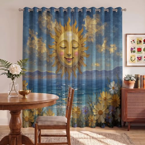 Tende per Sole Sorridente Antropomorfo Tenda Oscurante 140x160cm Tenda Termica Isolante Freddo Tendoni Campo Fiori Astratto In Riva Al Mare con Occhielli per Camera Soggiorno Finestre, Lago Blu