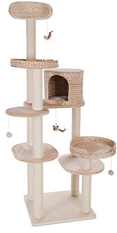 Natural Home IV Arbre à chat, idéal pour les grandes familles de chats, avec jacinthe d'eau et plaque de base en bois véritable, hauteur : 192 cm