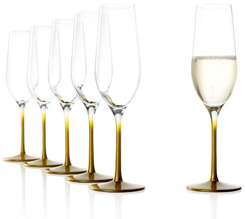 Stölzle Lausitz Copas de Champán Gold Event Juego de 6, 195 ml – Elegantes Flûtes para Prosecco & Vinos Espumosos – Copas de Cristal de Alta Calidad con Base y Pie Dorados – Apto para Lavavajillas