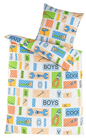 DreamHome 100% Baumwolle Kinder Bettwäsche 135x200 cm für Jungen Baustelle Werkzeuge Kissenbezug 80x80 für Kinderbett