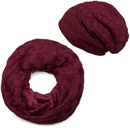 styleBREAKER Stickad loop halsduk och beanie mössa set med flätmönster, fleece foder, vinter, unisex 01018211, Bordeauxlila, En Storlek