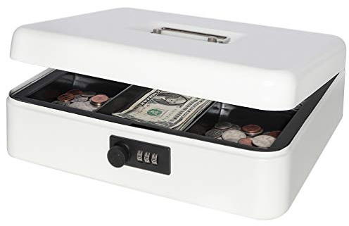 Decaller Extra Large Cash Box with Combination Lock, Metal Money Box with Removable Tray, 11.80 x 9.45 x 3.54,, White