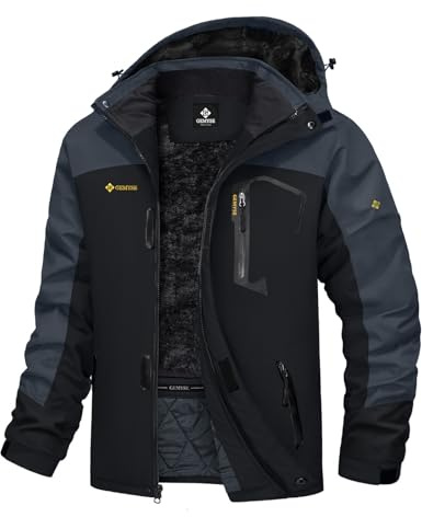 GEMYSE Veste de Ski pour Homme Impermeable Coupe-vent Manteau d'hiver Chaud avec Capuche Blouson Randonnée pour Montagne(Gris Noir,L)