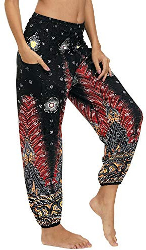 Nuofengkudu Mujer Hippies Pantalones Harem Tailandeses Boho Estampados Bolsillos Cintura Alta Baggy Yoga Pants Verano Playa Fiesta (Marrón Pavo,Talla única)