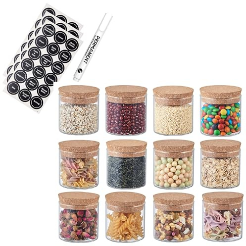 ORNAMI Small Glass Food Jar with Cork Lid and Airtight Sealing, Little Clear Canister Jar for Kitchen Storage, for Grains, Seeds, Salt, Pepper, Spices - Set of 12 (150ml)