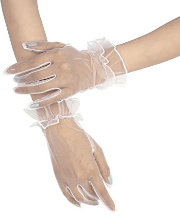 QRBTSCL Women's Short Mesh Gloves Ruffled Tulle Wedding Party Gloves Short Prom Evening Glove Ivory